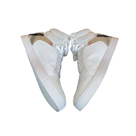 Burberry - Men's Reeth Leather House Check High-Top Sneakers White Size 12 - Picture 9 of 16